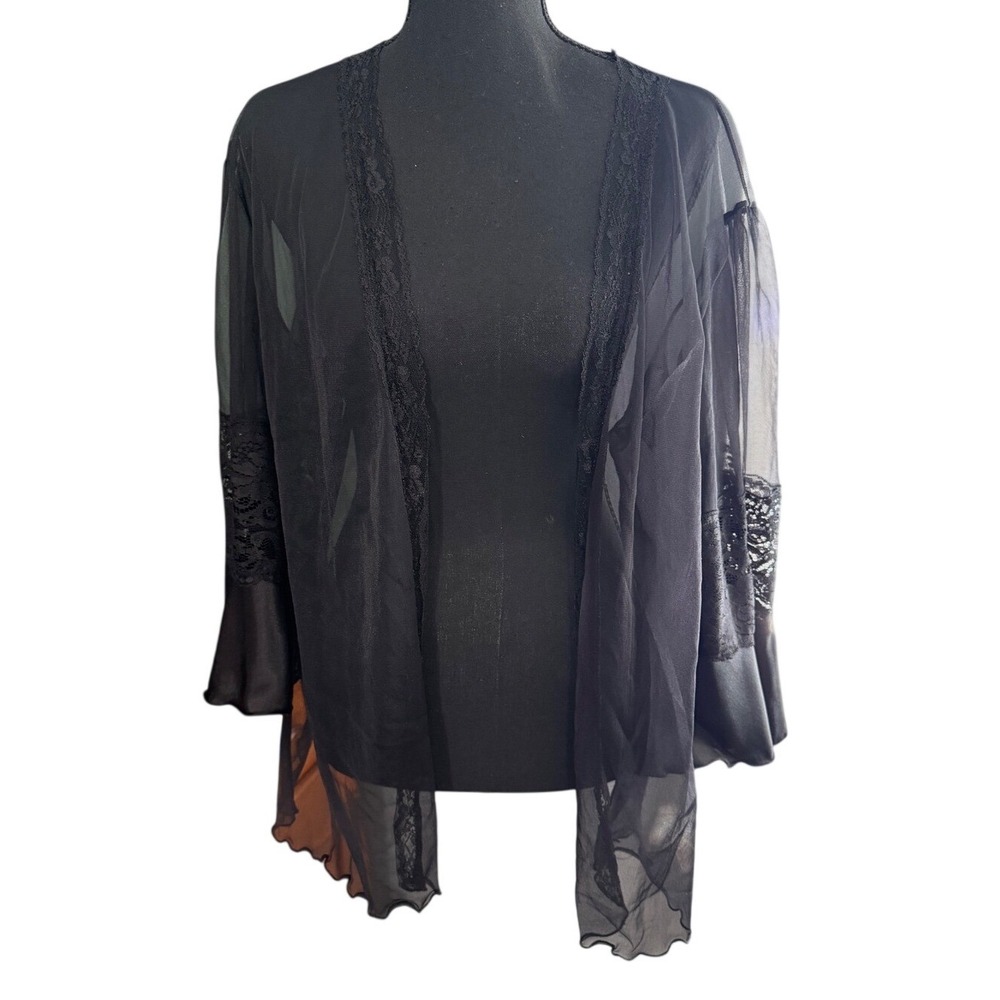 Escante Sheer Black Lace Trim Robe Cardigan Bell Sleeve Plus Size 1X Whimsigoth